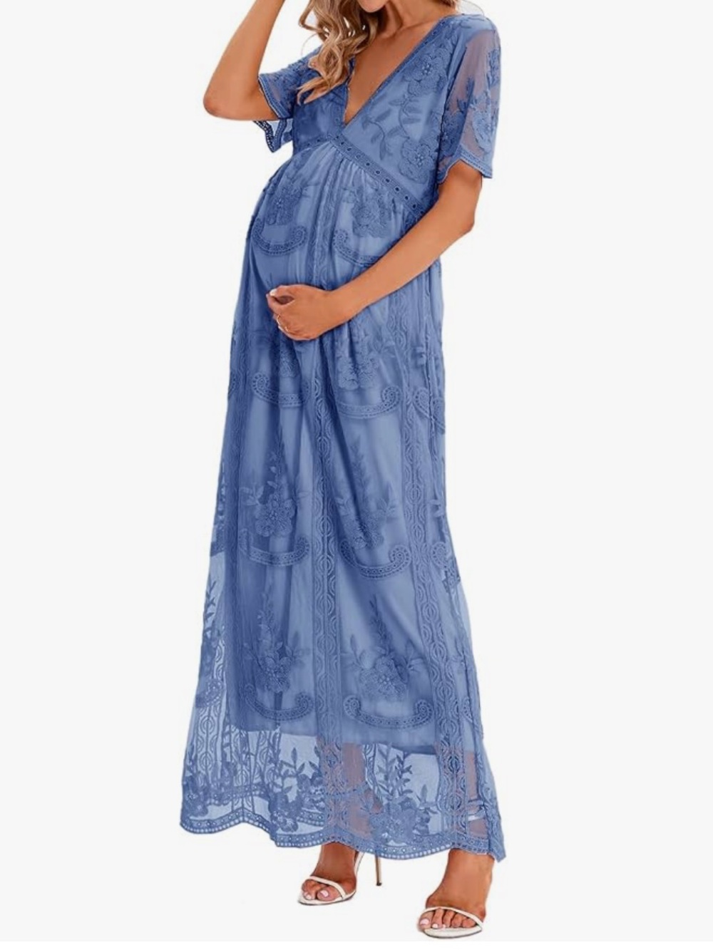 Blue Lace Maternity Maxi Dress - Elegant V-Neck